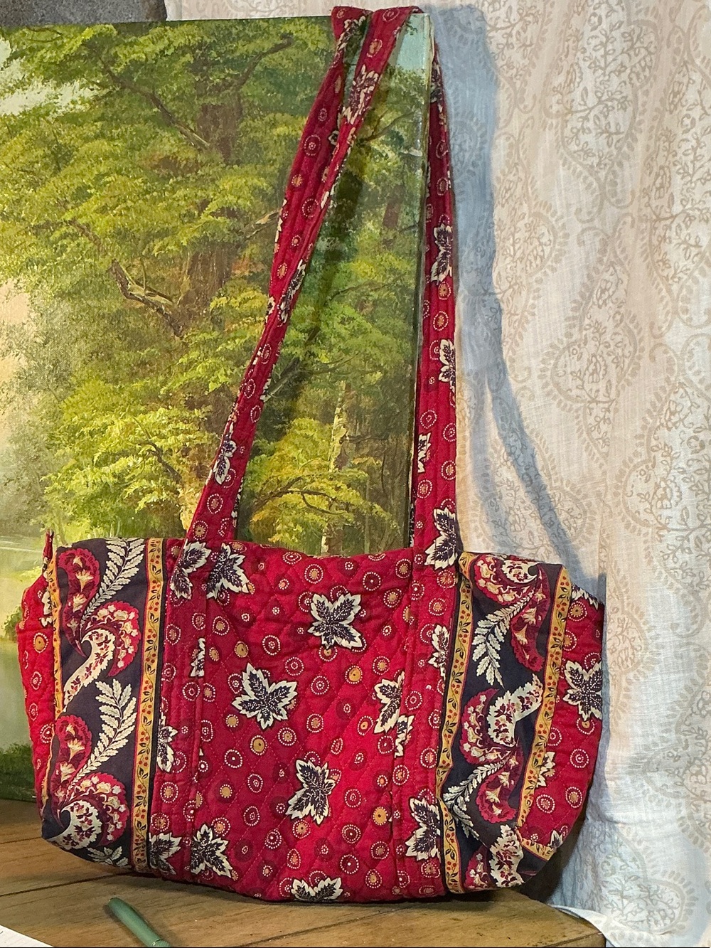 Vintage Vera Bradley Red Coin Maple Leaf Quilted Paisley Floral Tote